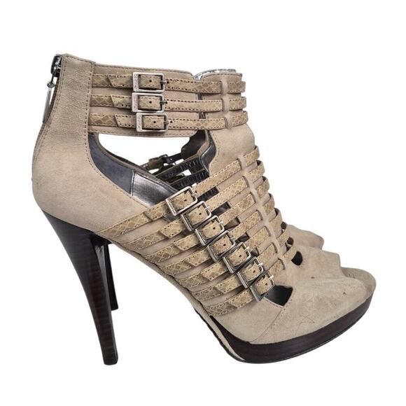 Calvin Klein Shoes - Calvin Klein Leather Cage Gladiator Stiletto Heel Sandals Suede Snakeskin 9 NWOB